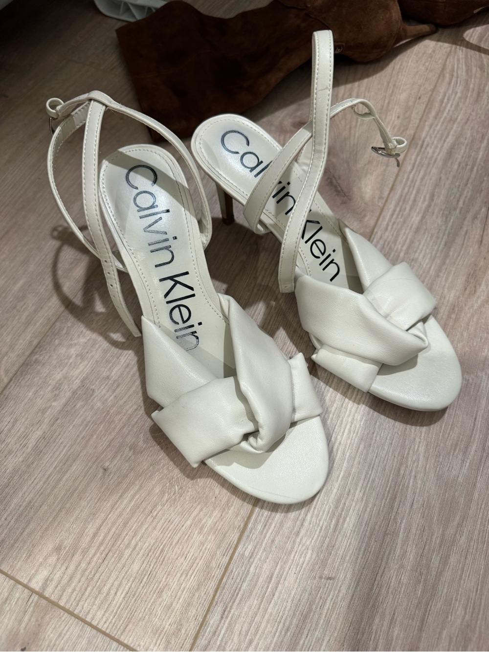 Calvin Klein Cream Knotted Strap Heeled Sandals